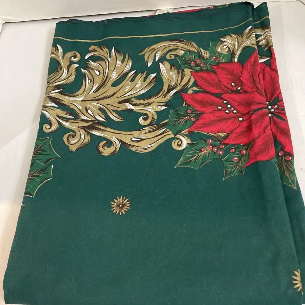 60x82 Vintage Christmas Tableclith Red Poinsettia Green Gold Scroll Work Brazil